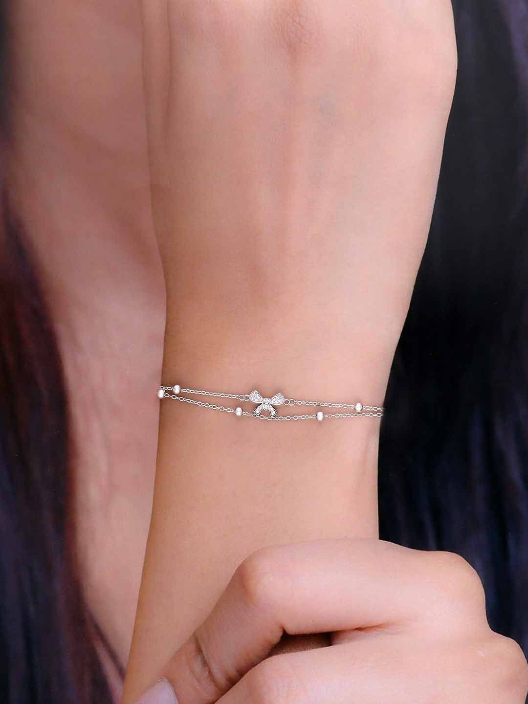 

KAI JEWEL Sterling Silver Cubic Zirconia Studded Rhodium-Plated Minimalistic Link Bracelet