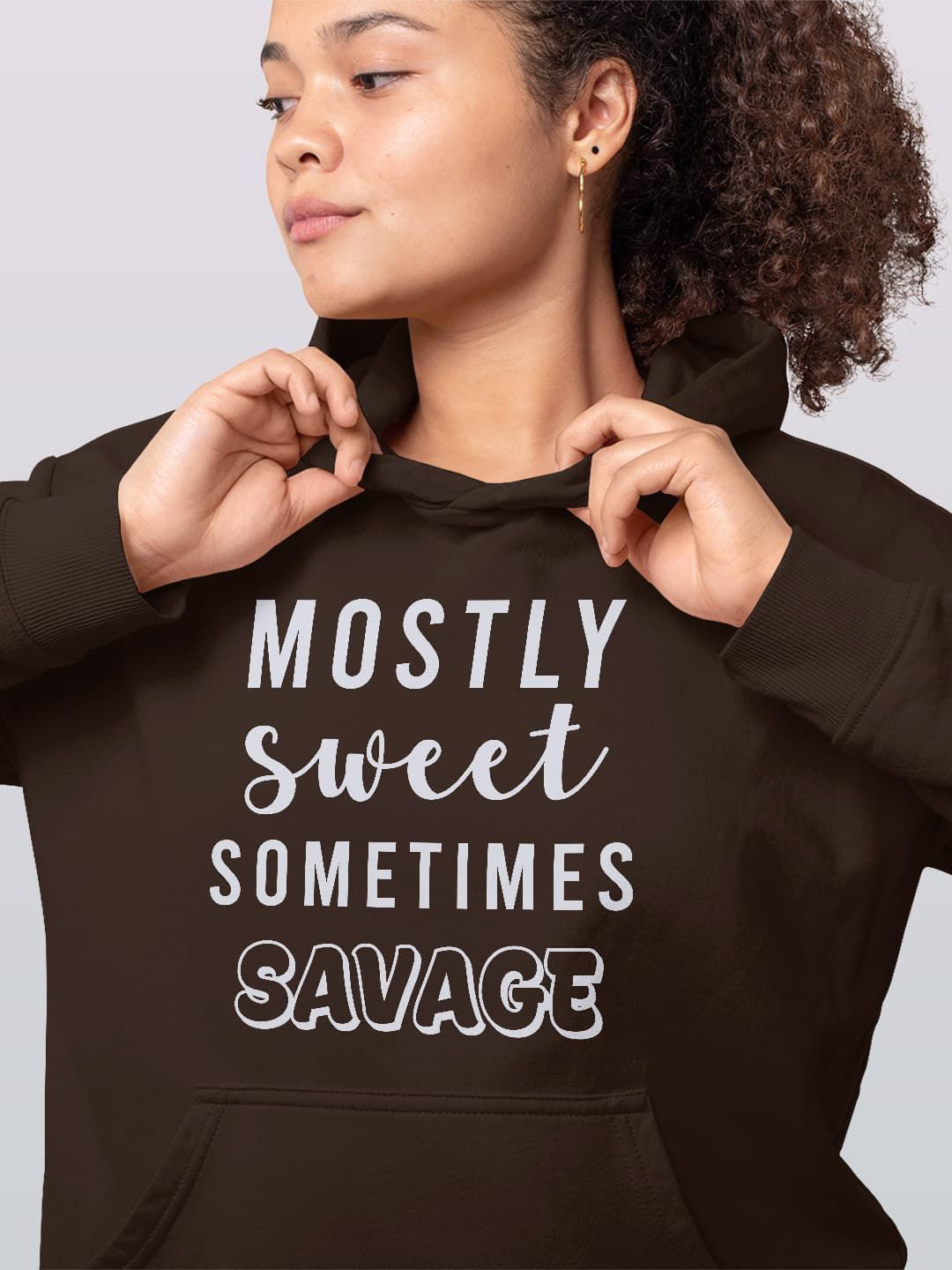 

macmerise Women Printed Hooded Sweatshirt, Brown