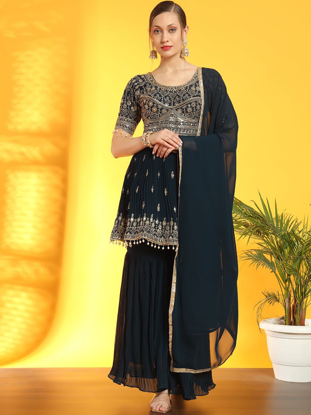 

Chhabra 555 Ethnic Motifs Embroidered Zari A-Line Kurta With Sharara & Dupatta, Navy blue