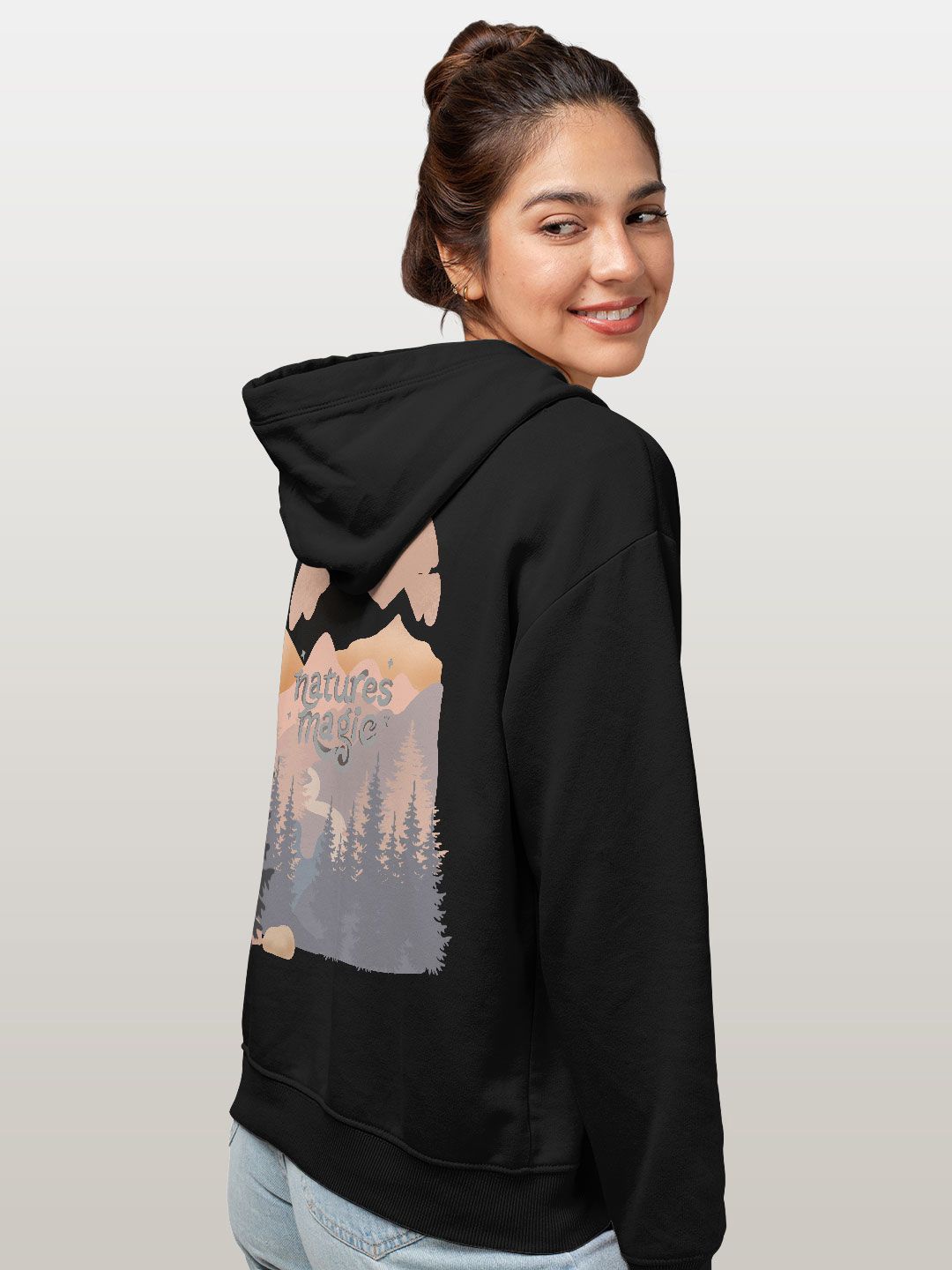 

macmerise Women Printed Hooded Sweatshirt, Black