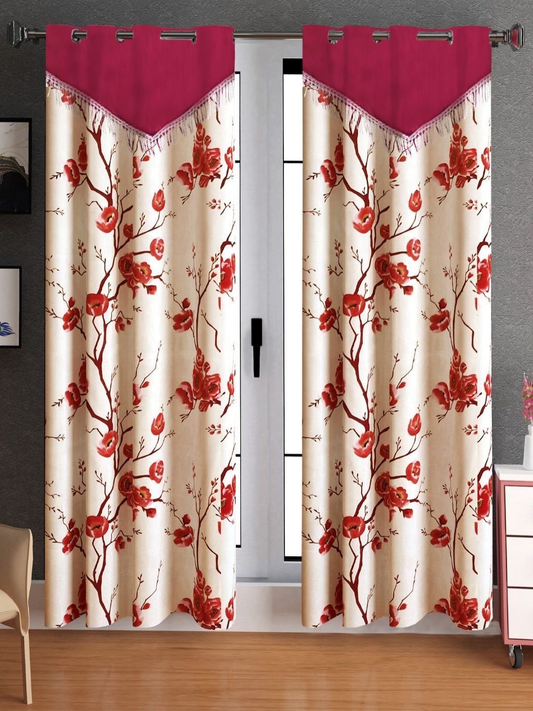 

Lunar Days Maroon & Beige 2 Pieces Floral Printed Room Darkening Door Curtains