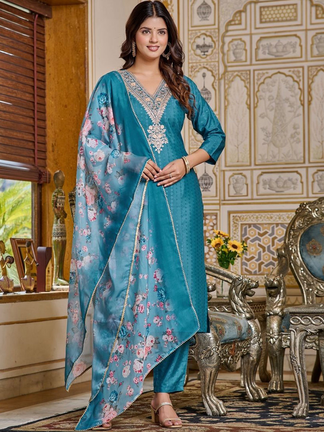 

Yara Creation Geometric Woven Design Thread Work Straight Kurta With Trousers & Dupatta, Blue