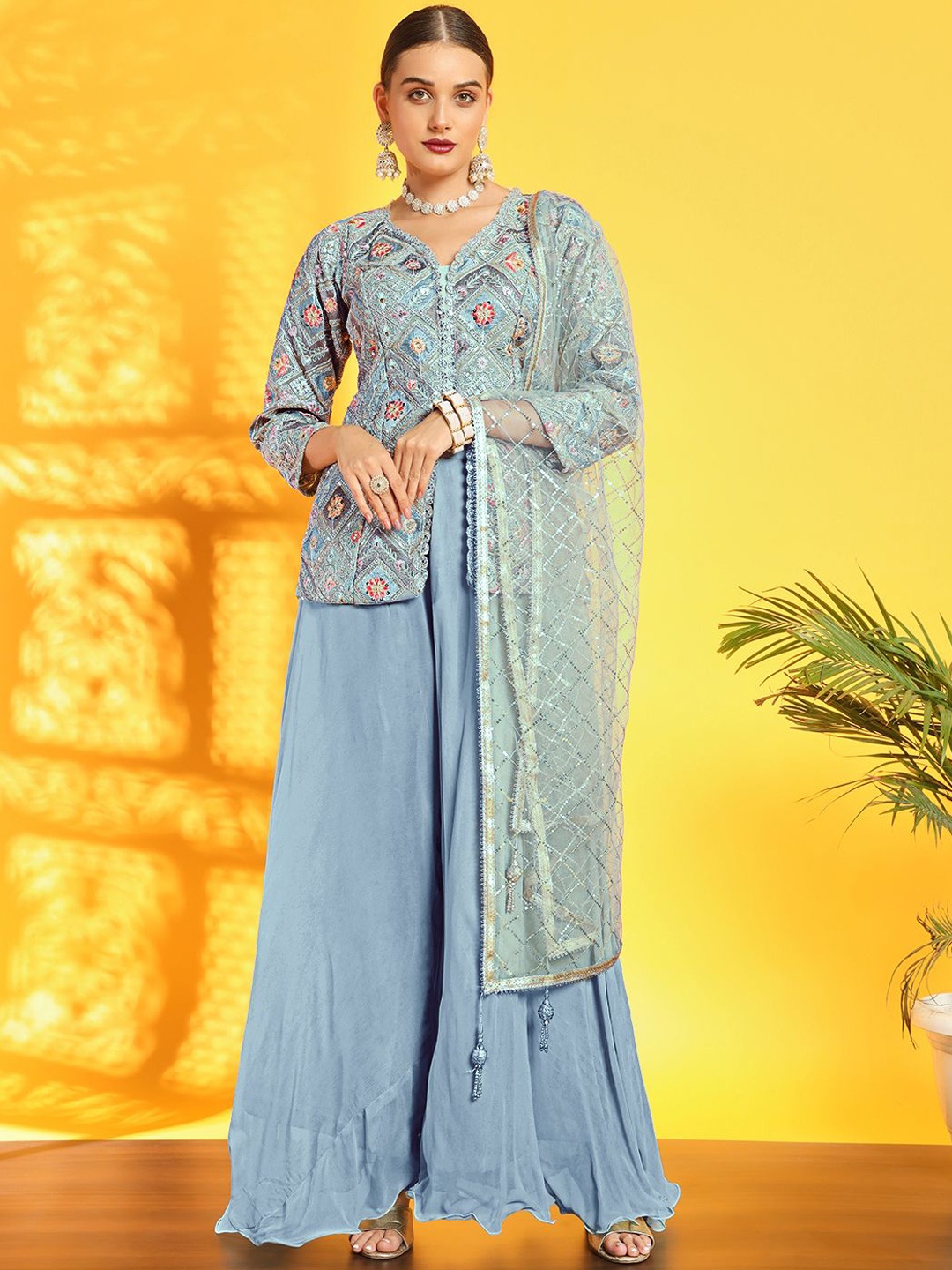 

Chhabra 555 Floral Embroidered Sequinned Georgette A-Line Kurti With Palazzos & Dupatta, Blue