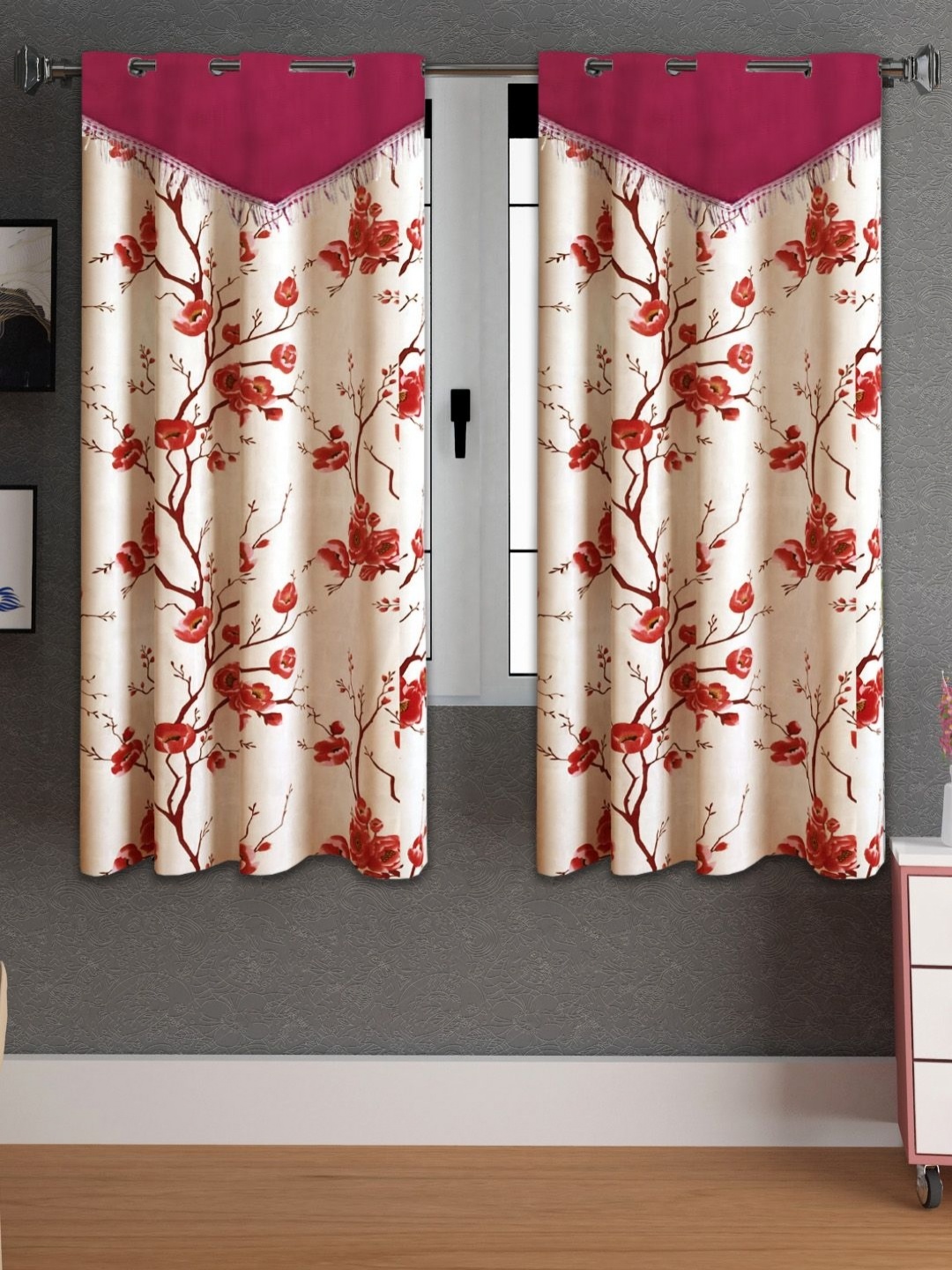 

Lunar Days Maroon & Beige 2 Pieces Floral Printed Room Darkening Window Curtains