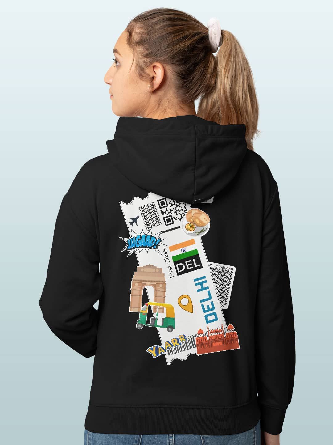 

macmerise Women Printed Hooded Sweatshirt, Black