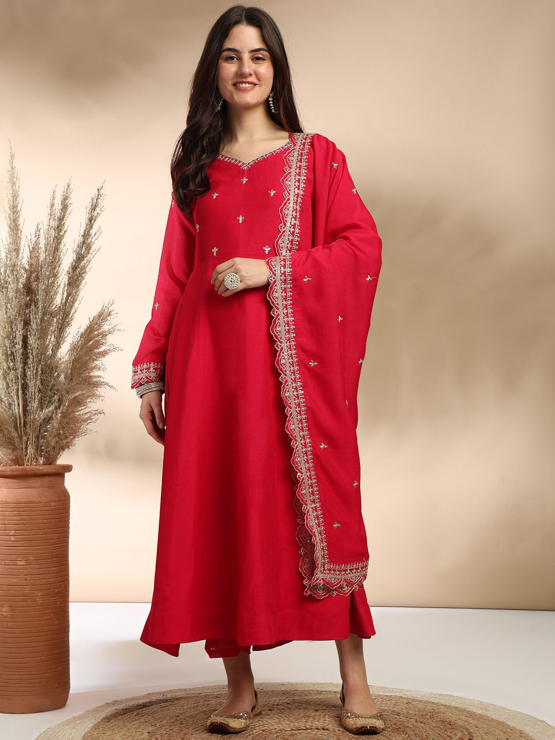 

J Turritopsis Floral Embroidered Sequinned Pure Silk Anarkali Kurta Trousers & Dupatta, Pink