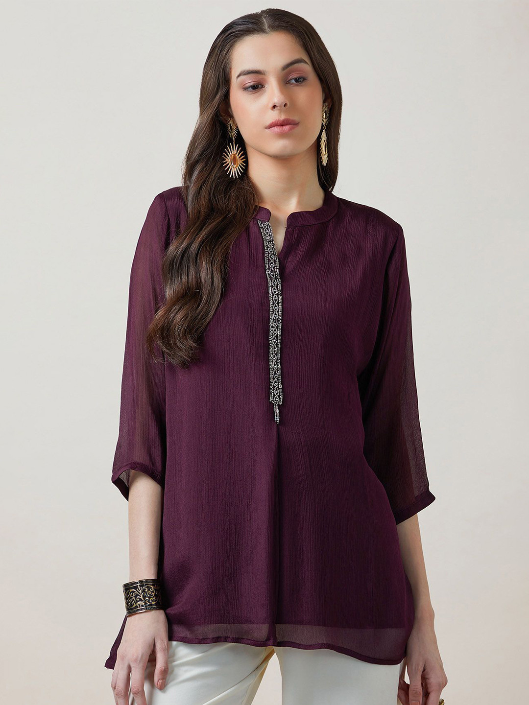 

Soch Embroidered Mandarin Collar Cotton Tunic, Maroon
