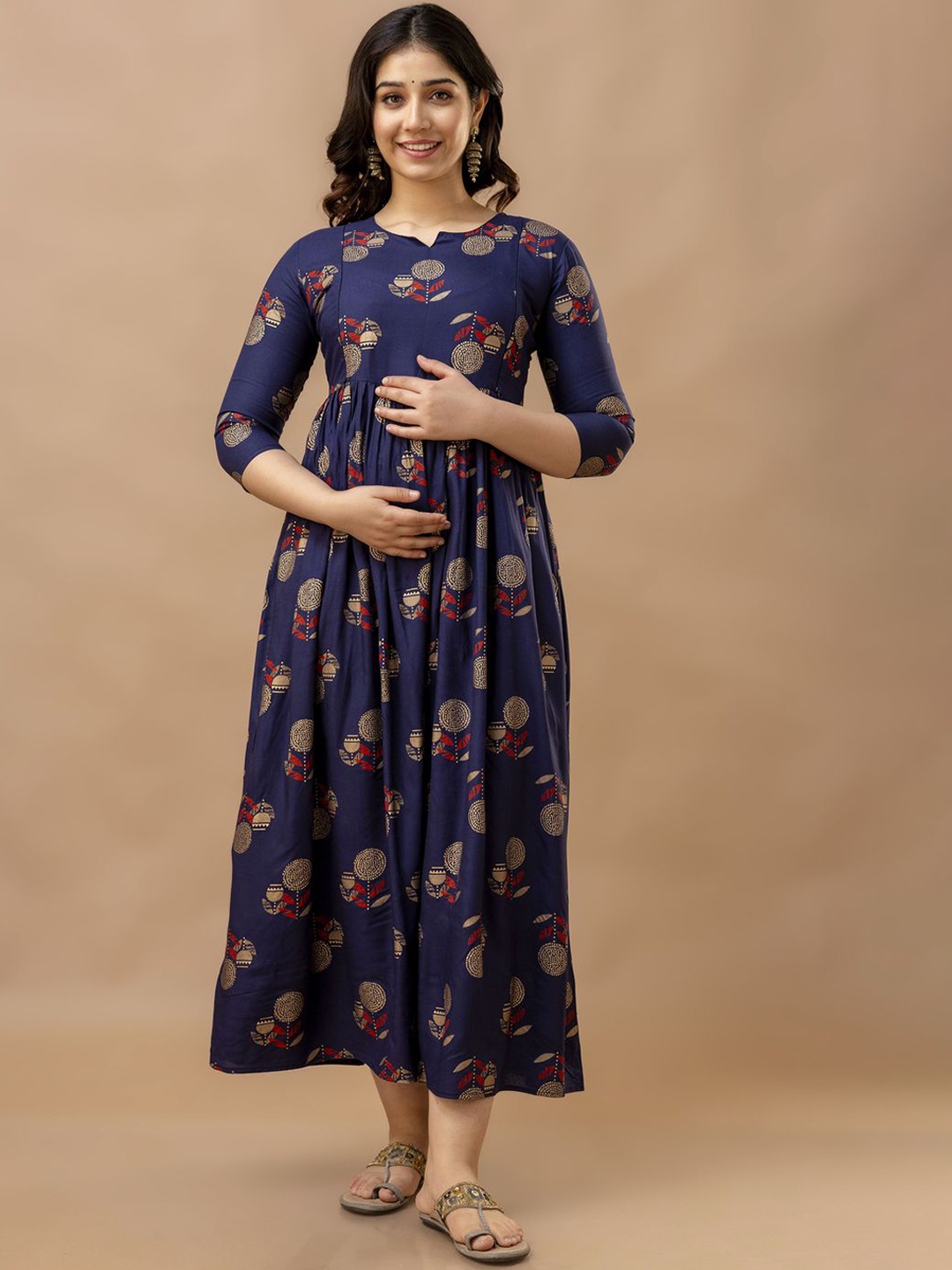 

DRESSAR Floral Printed Midi Empire Maternity Ethnic Dress, Blue