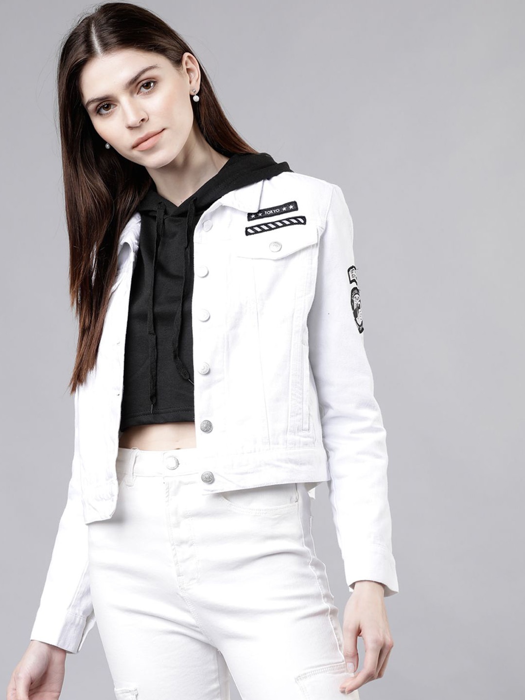 

Tokyo Talkies Women Washed Crop Denim Jacket with Embroidered, White