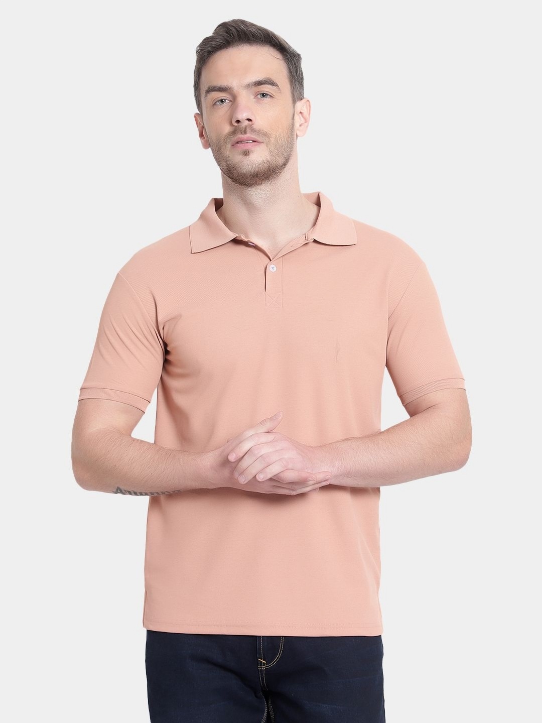 

MANTICORE Men Solid Polo Collar Cotton T-shirt, Peach