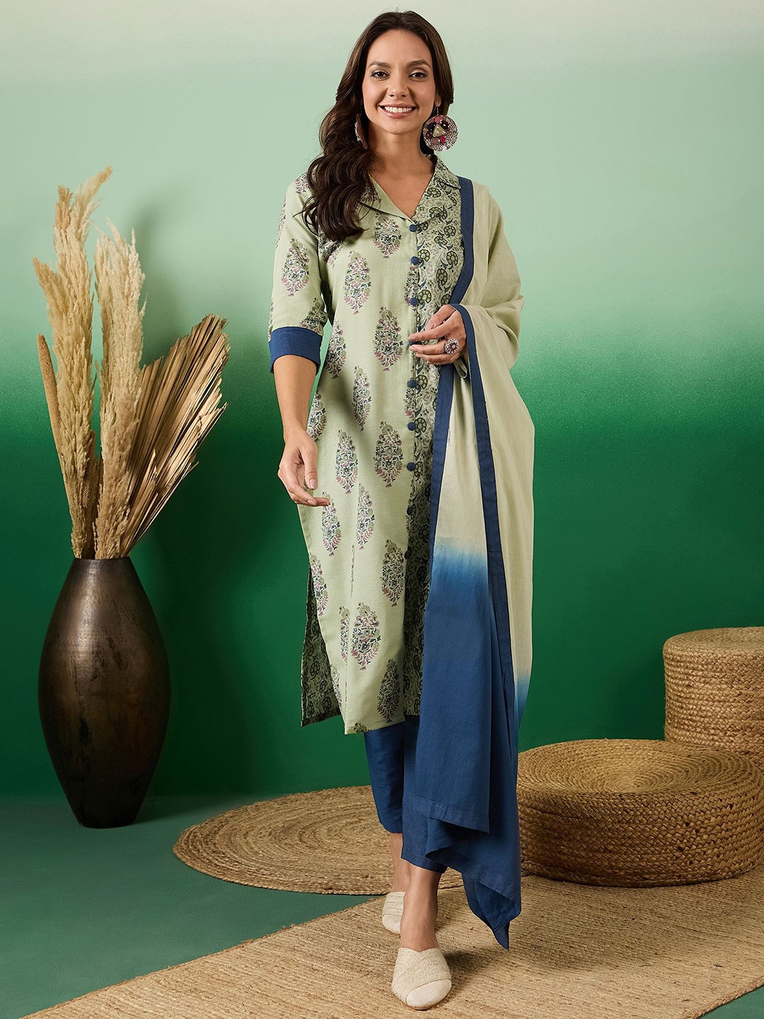 

all about you Floral Printed Regular Pure Cotton Straight Kurta With Trousers & Dupatta, Green