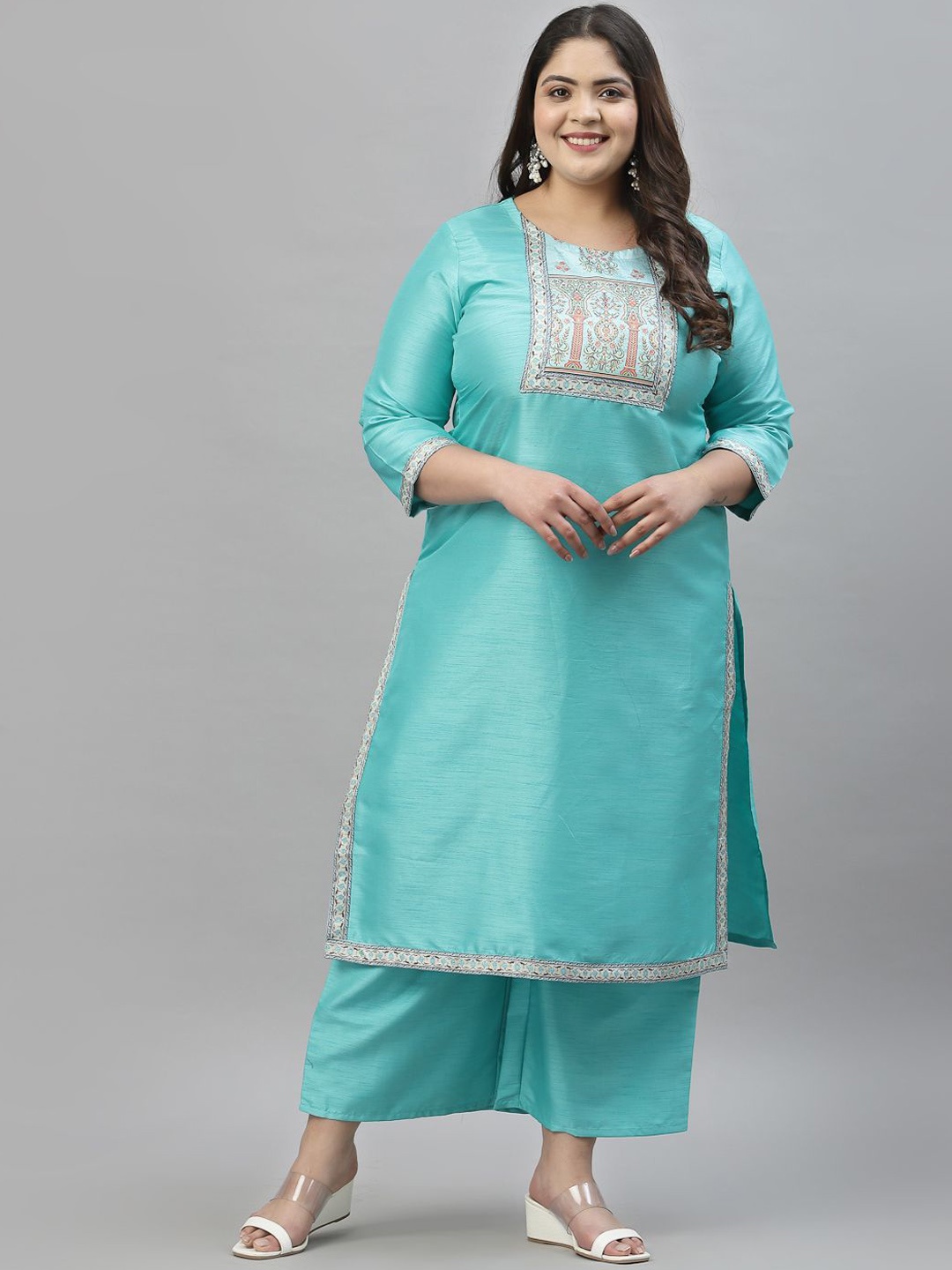 

Sztori Plus Size Ethnic Motifs Yoke Design Straight Kurta With Palazzos, Blue