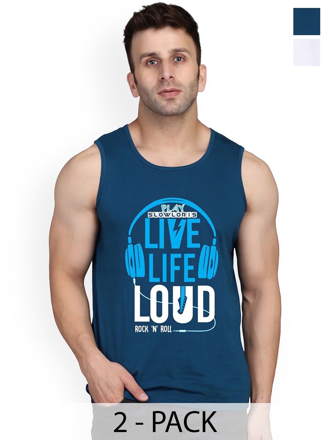 

SLOWLORIS Women Pack Of 2 Printed Sleeveless Gym Vests, Teal