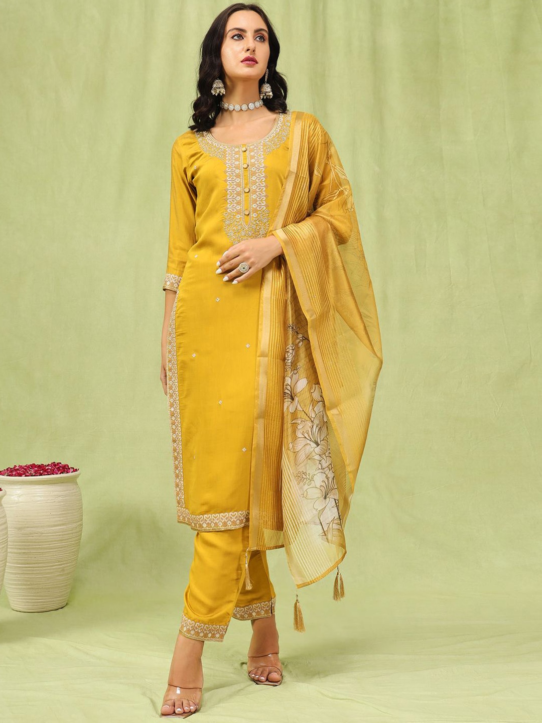 

VredeVogel Floral Embroidered Thread Work Straight Kurta With Trousers & Dupatta, Mustard