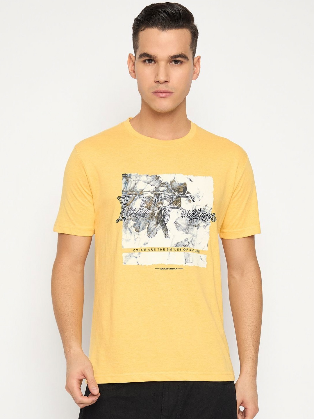 

Duke Men Graphic Printed Round Neck Cotton Slim Fit T-shirt, Yellow
