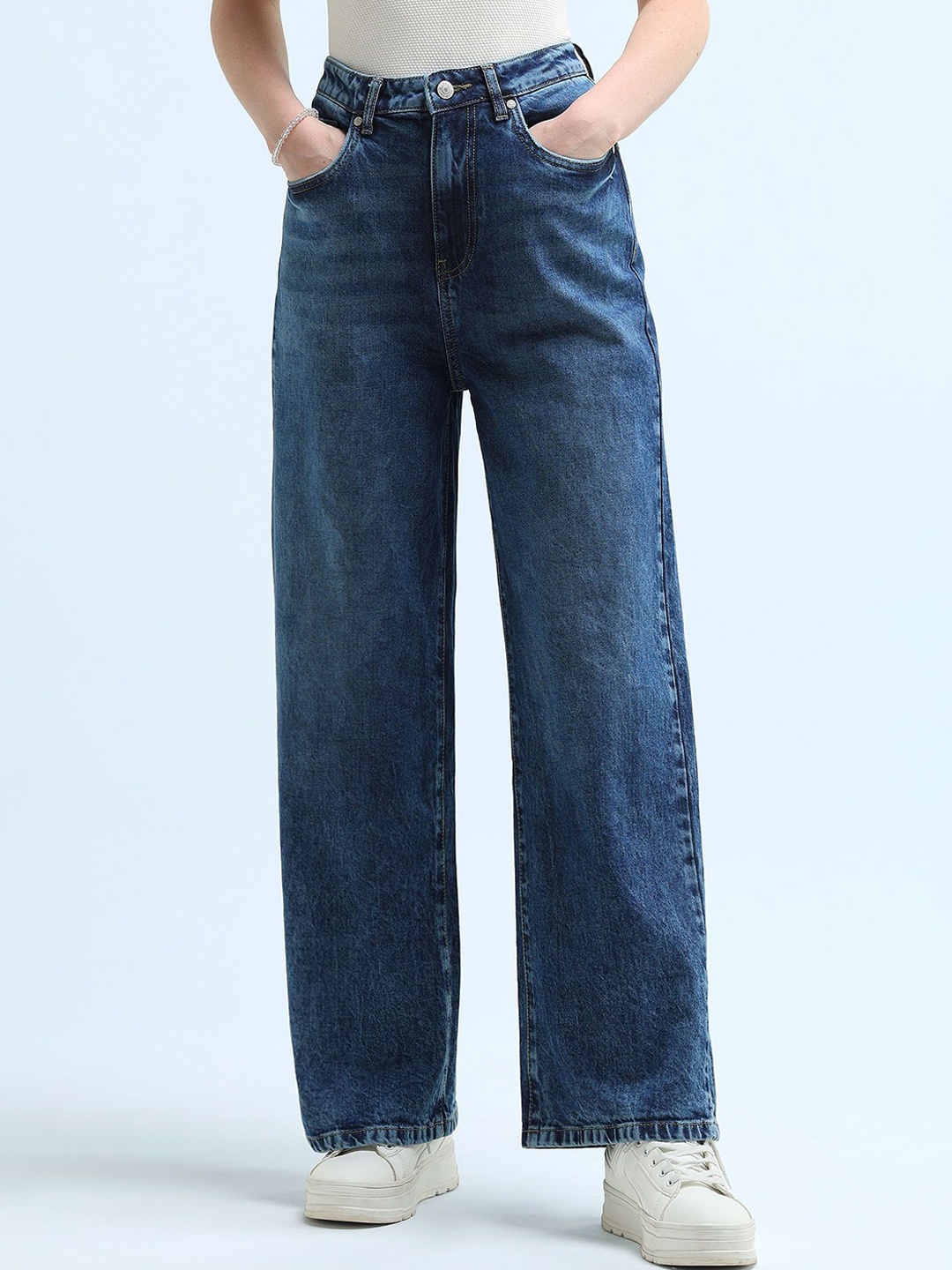 

U.S. Polo Assn. Women Wide Leg High-Rise Heavy Fade Stretchable Jeans, Blue