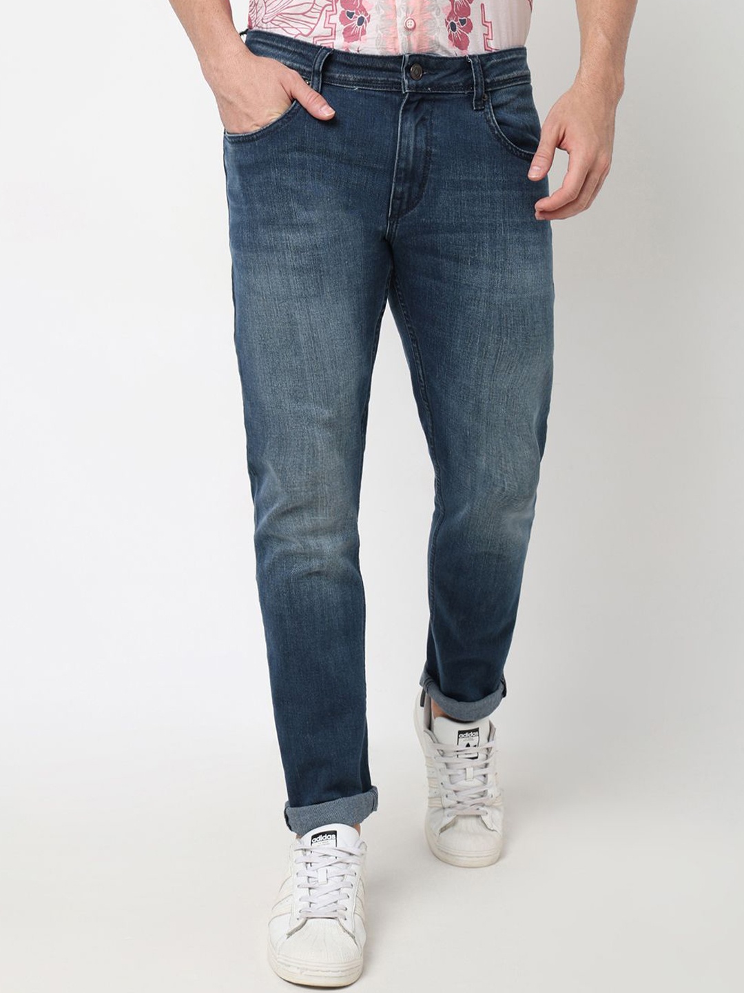 

R&B Men Mid-Rise Skinny Fit Low Distress Heavy Fade Jeans, Blue