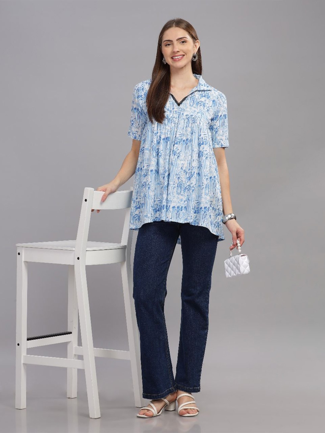

THE VASILIKI Women Abstract Printed Shirt Collar Cotton High Low Top, Blue