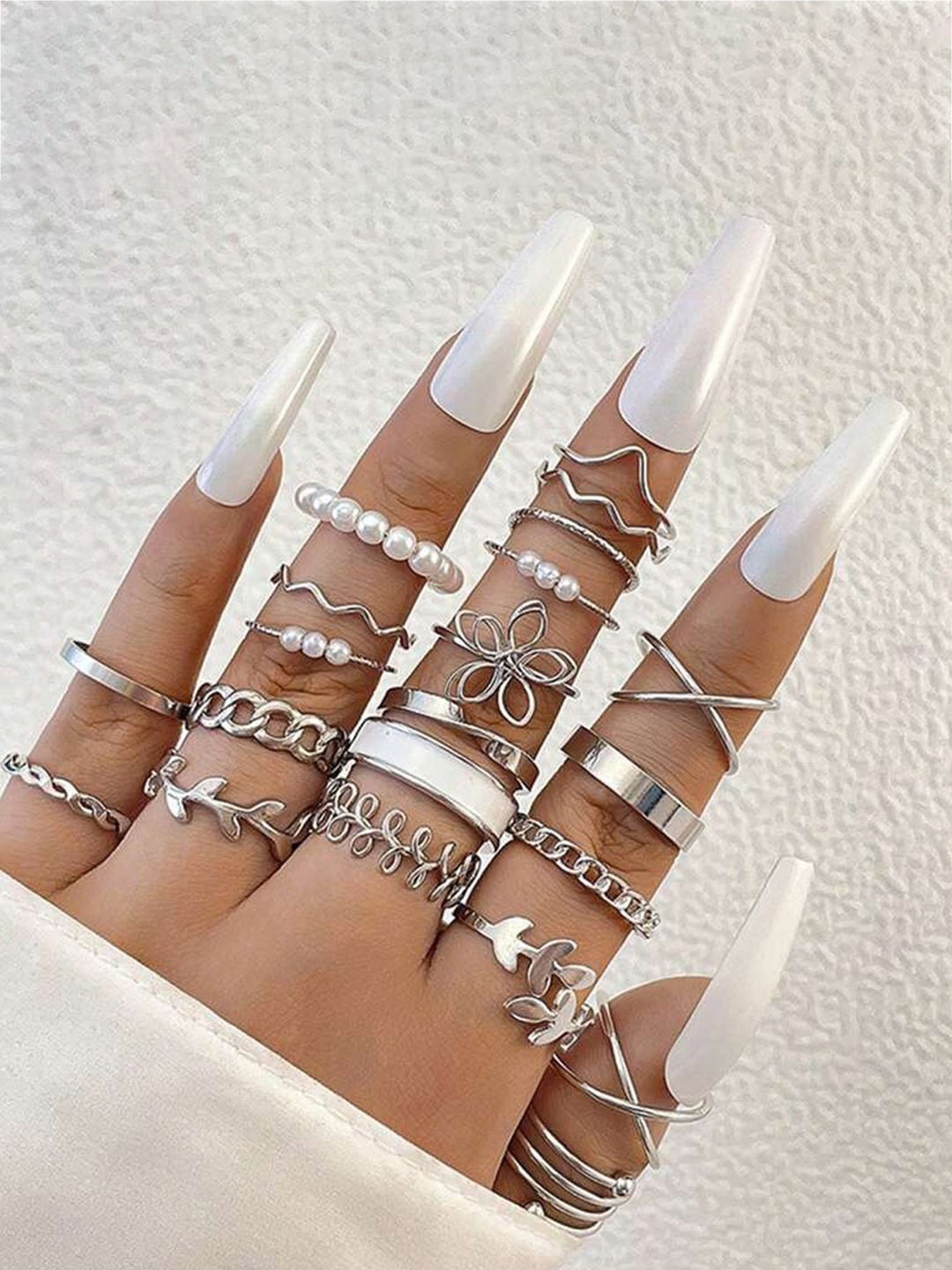 

Jewels Galaxy Set Of 22 Silver-Plated Stone Studded & Beaded Finger Rings