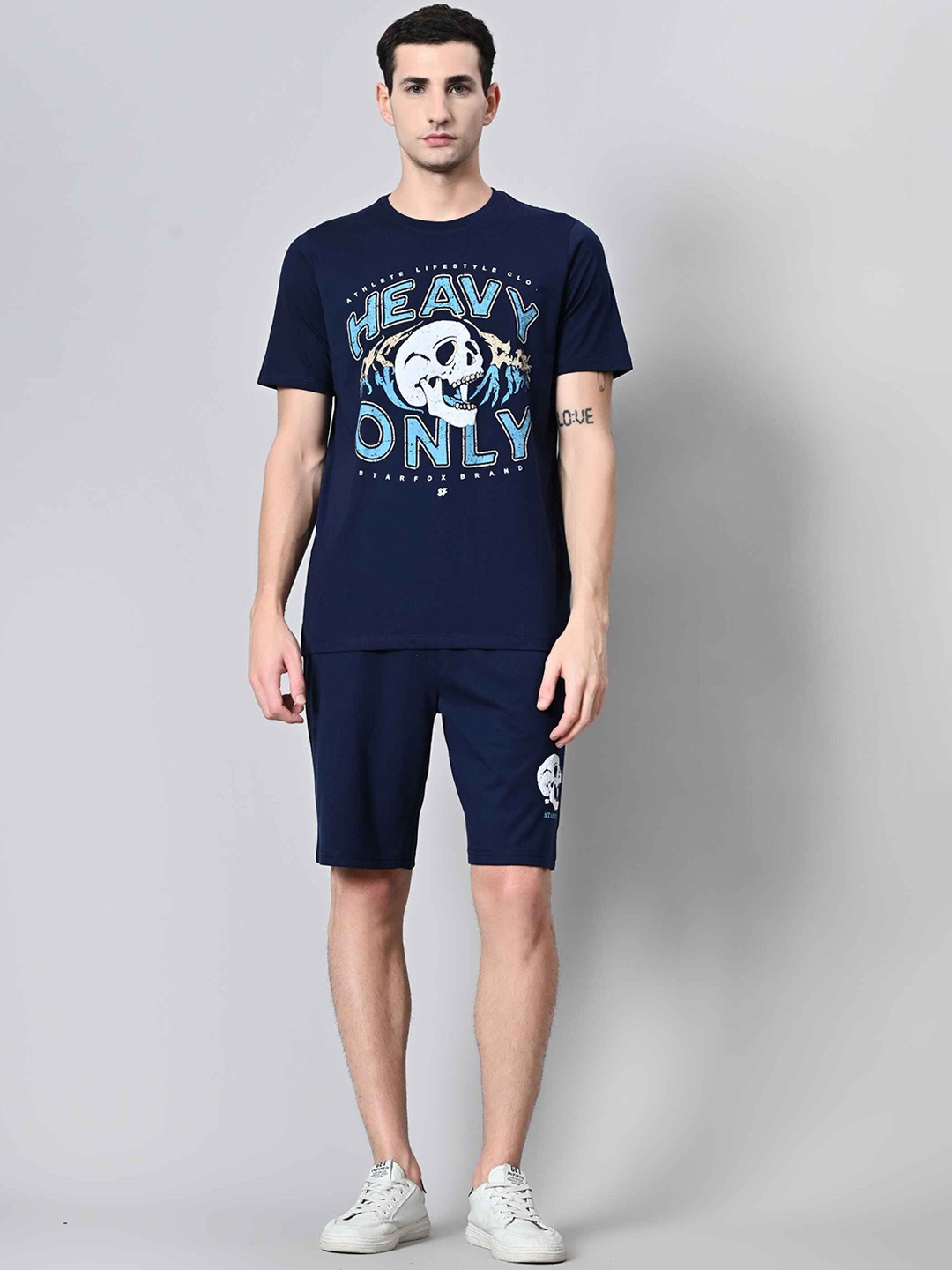 

STARFOX Graphic Printed Round Neck Pure Cotton T-shirt & Shorts, Navy blue