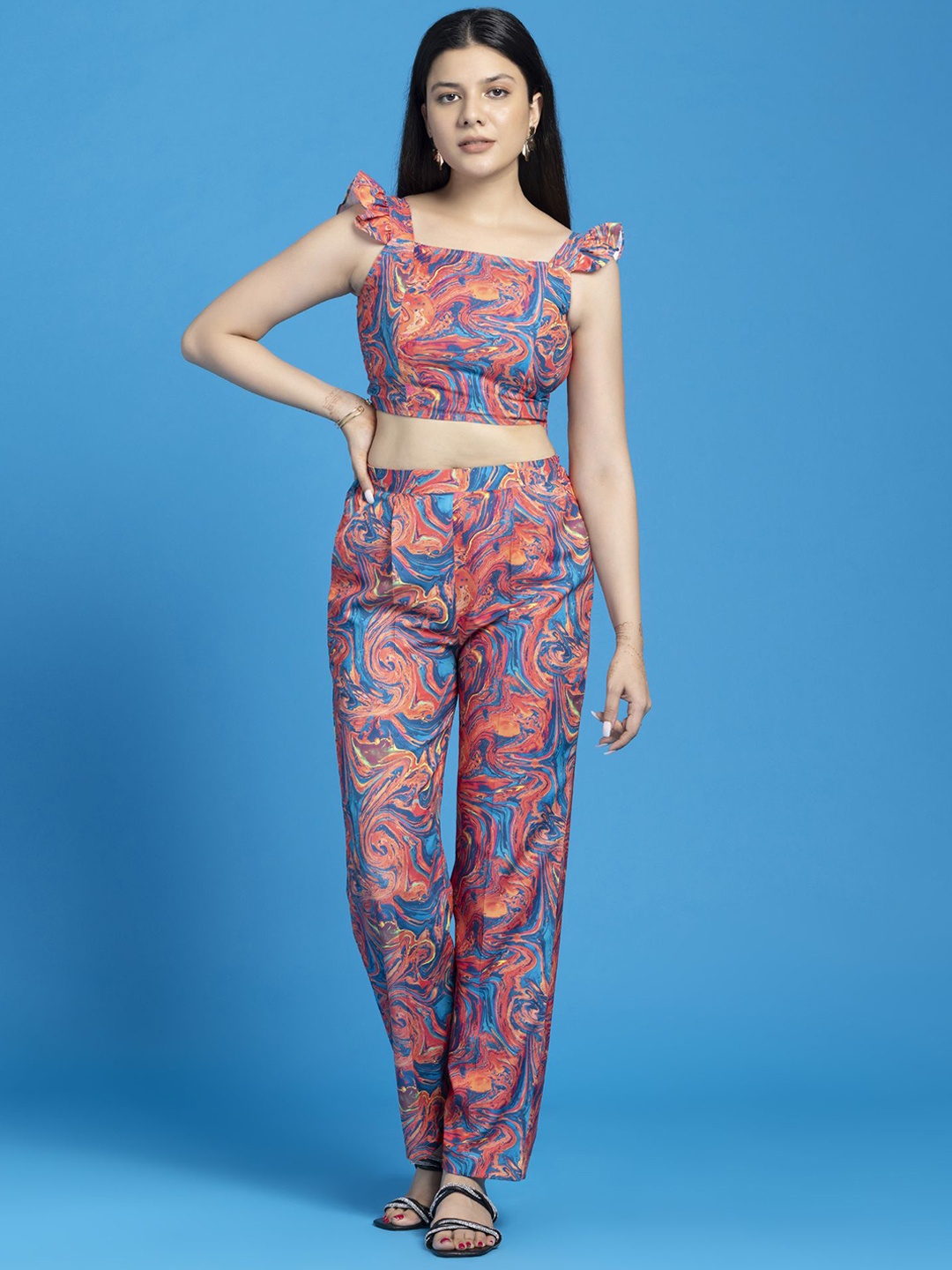 

SEW YOU SOON Printed Sleeveless Crop Top With Trousers, Blue