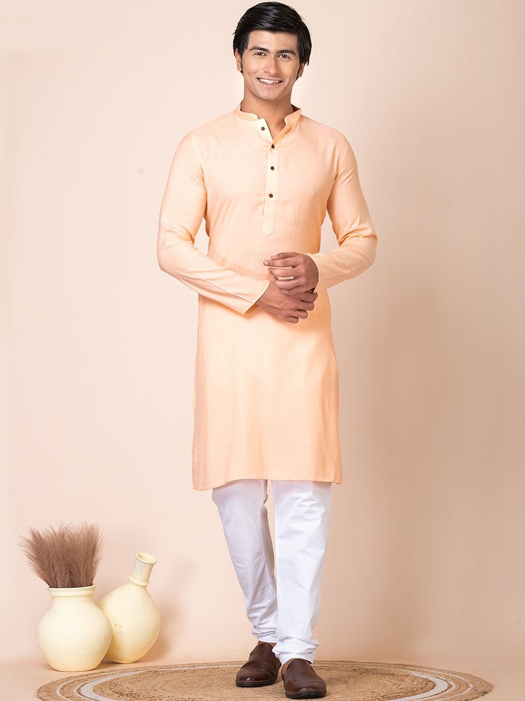 

HU - Handcrafted Uniquely Mandarin Collar Pure Cotton Straight Kurta with Churidar, Peach