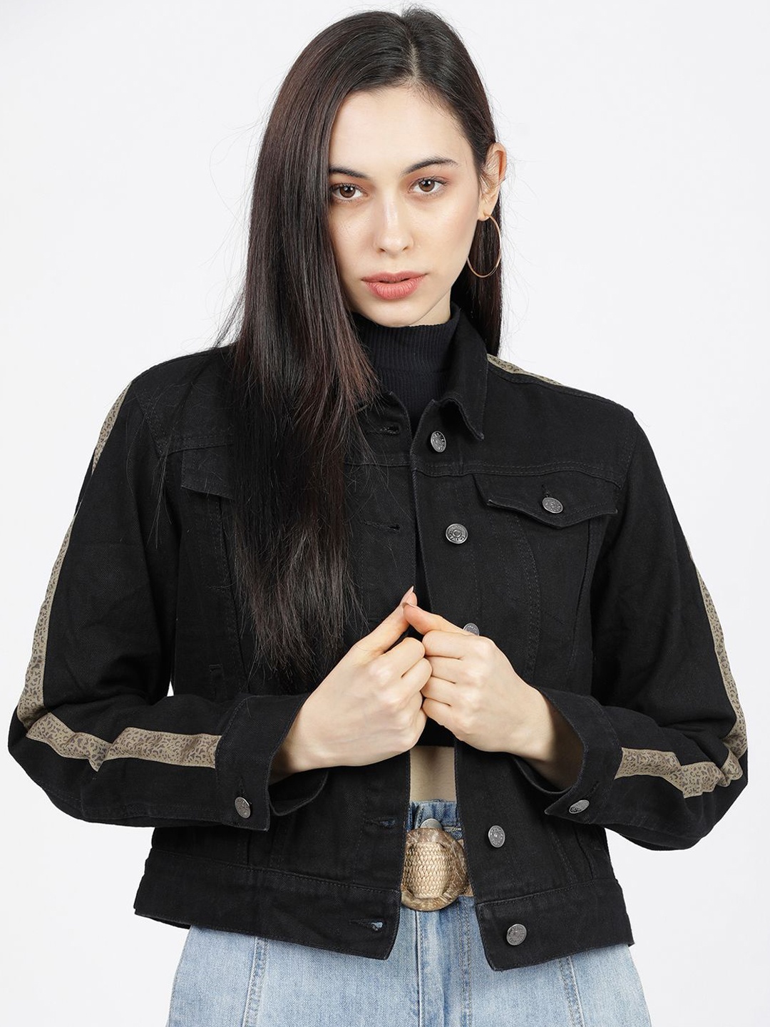 

Tokyo Talkies Women Striped Crop Denim Jacket with Patchwork, Black