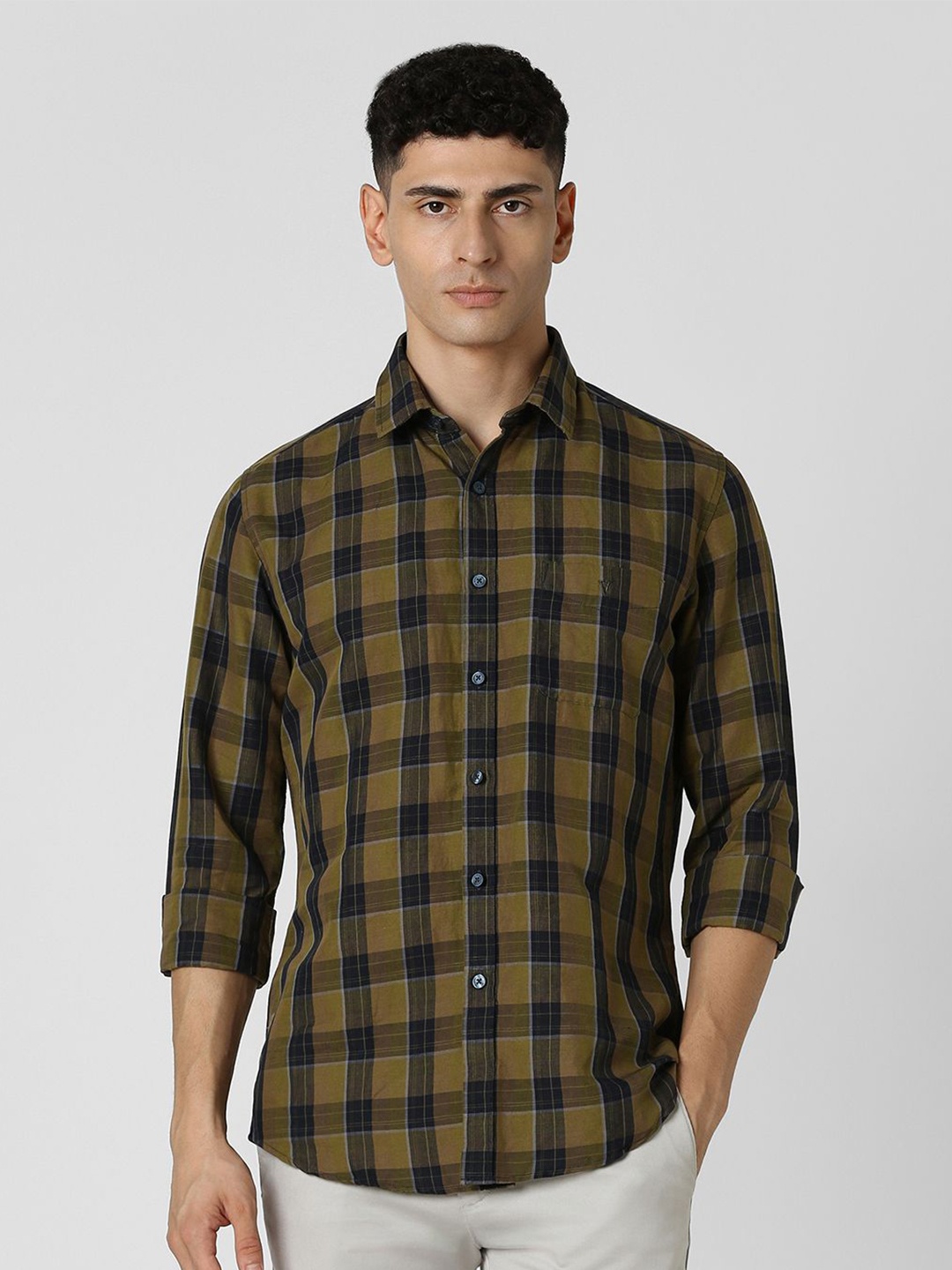 

Van Heusen Sport Men Spread Collar Tartan Checked Slim Fit Casual Shirt, Olive