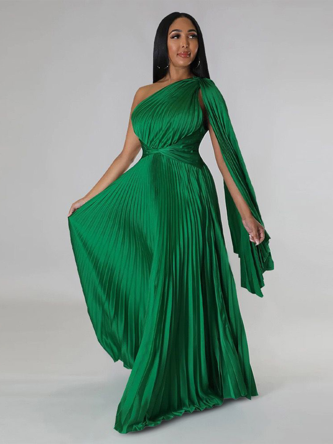 

PANKH One Shoulder Pleated Maxi Dress, Green