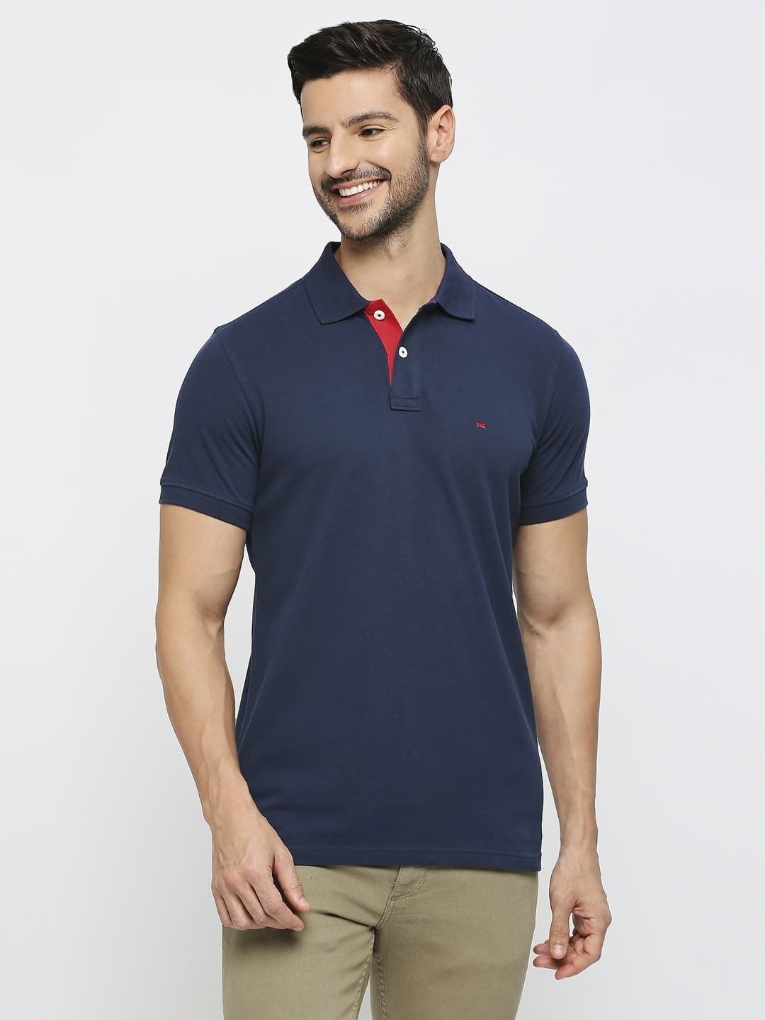 

Basics Men Solid Polo Collar Cotton Slim Fit T-shirt, Blue