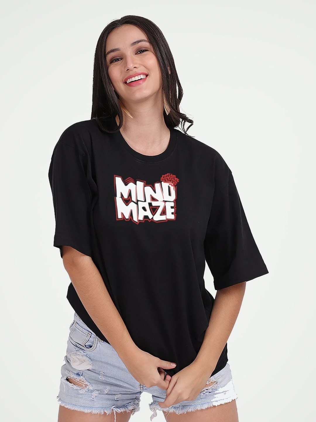 

Mad Over Print Women Printed Round Neck Cotton Oversized T-shirt, Black