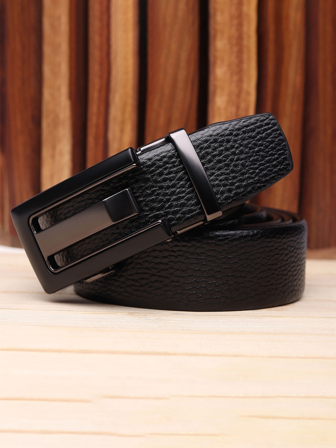 

WINSOME DEAL Men Slider Buckle Closure Textured Formal Belt, Black