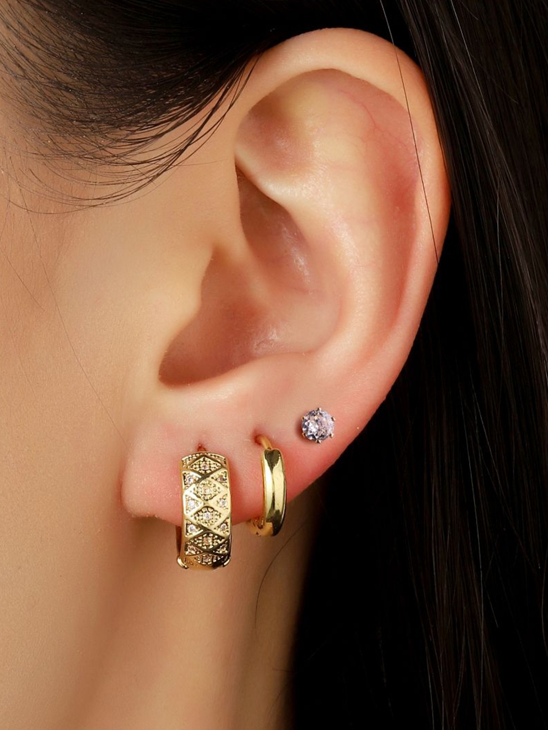 

SALTY Set Of 3 Gold-Plated Oxidised Contemporary Studs