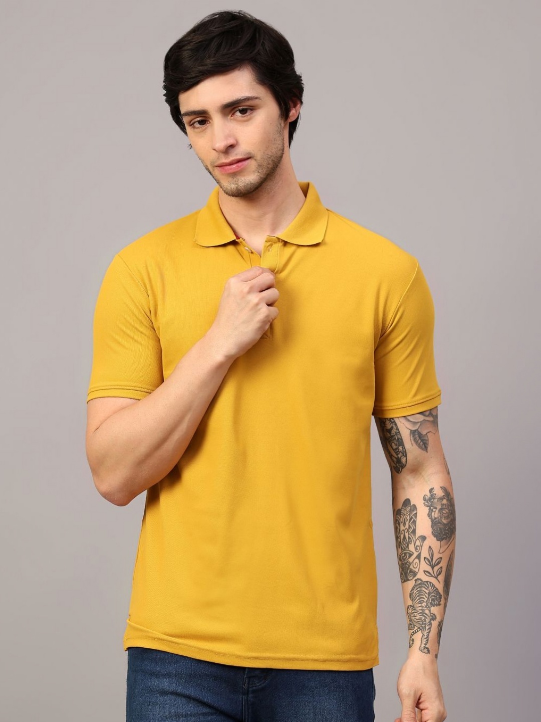 

MANTICORE Men Solid Polo Collar Cotton T-shirt, Mustard