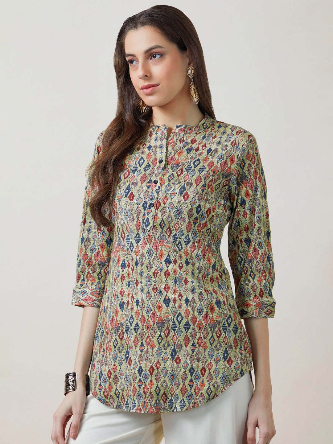 

Soch Geometric Printed Mandarin Collar Tunic, Beige