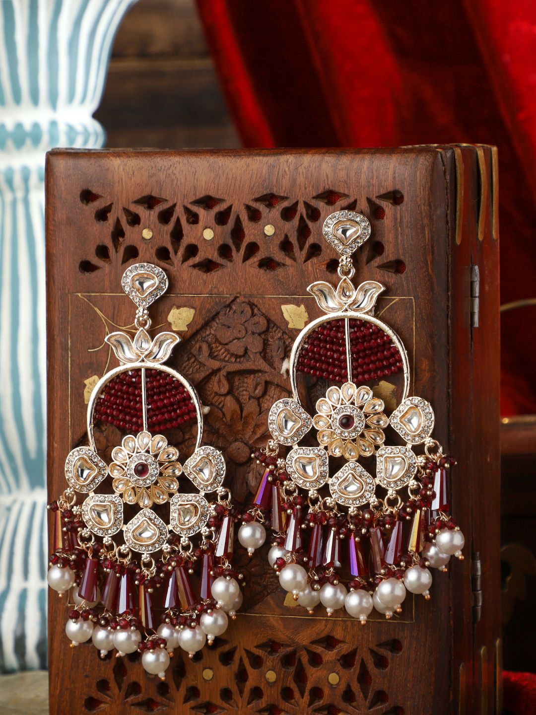 

VENI Gold-Plated Stones Studded & Beaded Drop Earrings