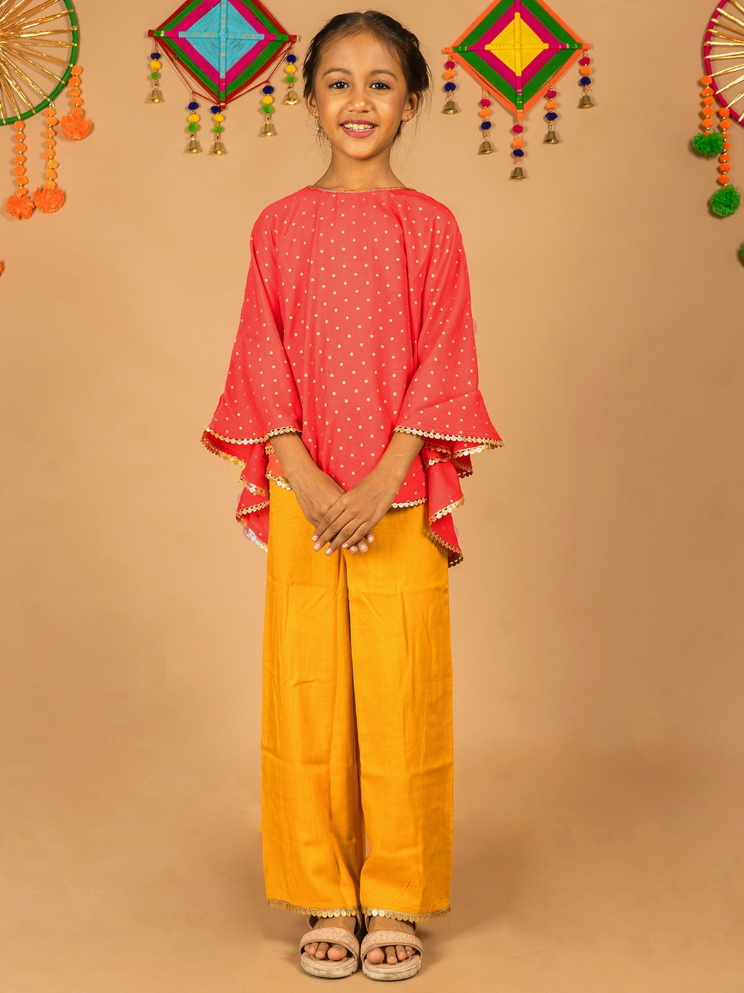 

HERE&NOW Girls Printed Top with Palazzos, Peach