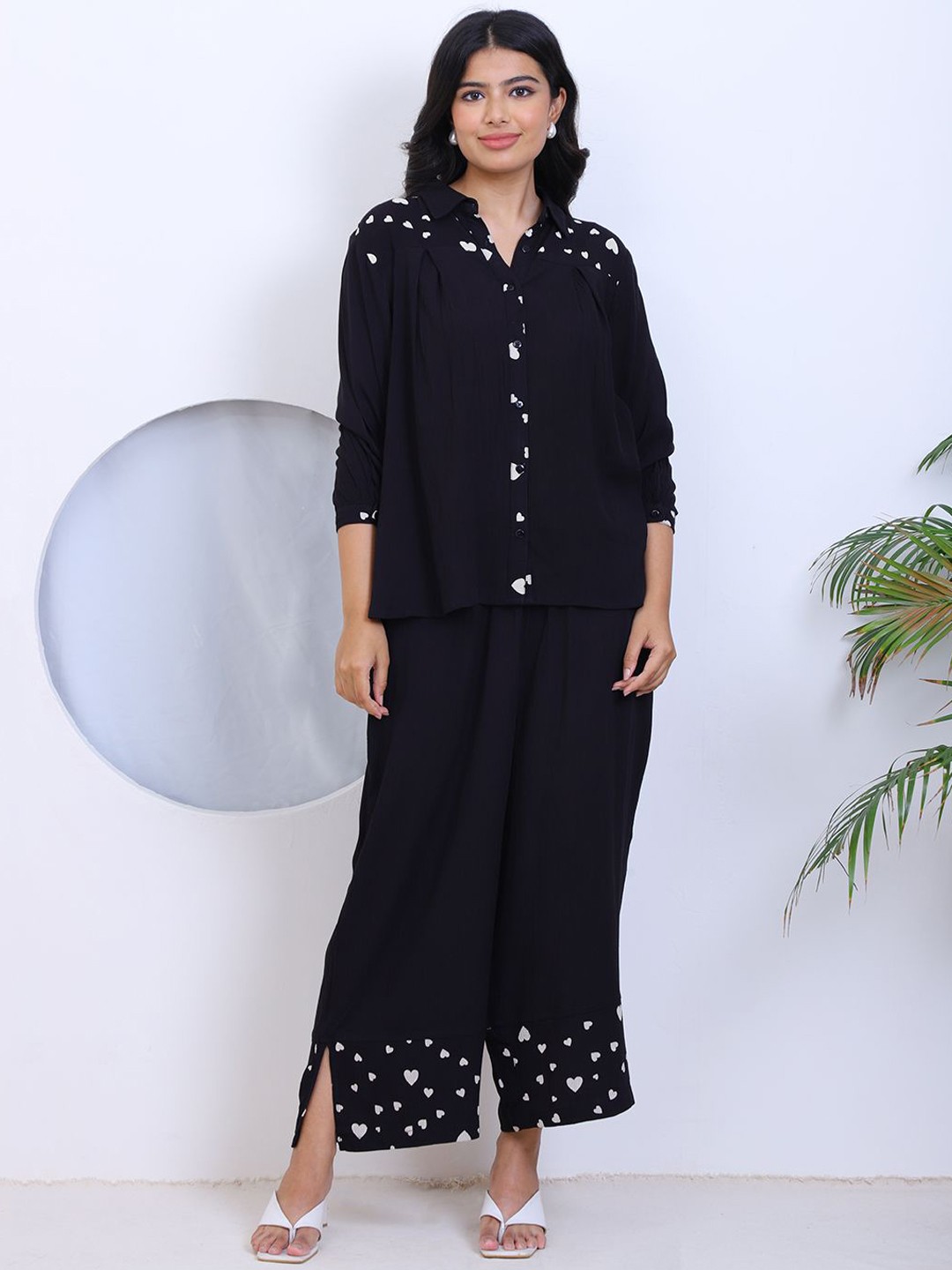 

DEEBACO Printed Shirt With Palazzo, Black