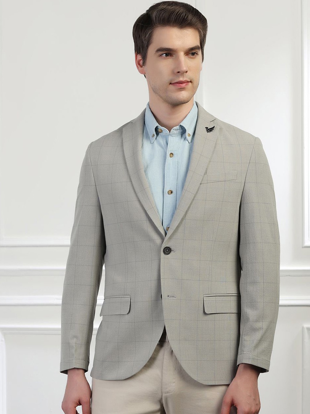 

Blackberrys Checked Slim-Fit Notched Lapel Single Breasted Blazer, Grey