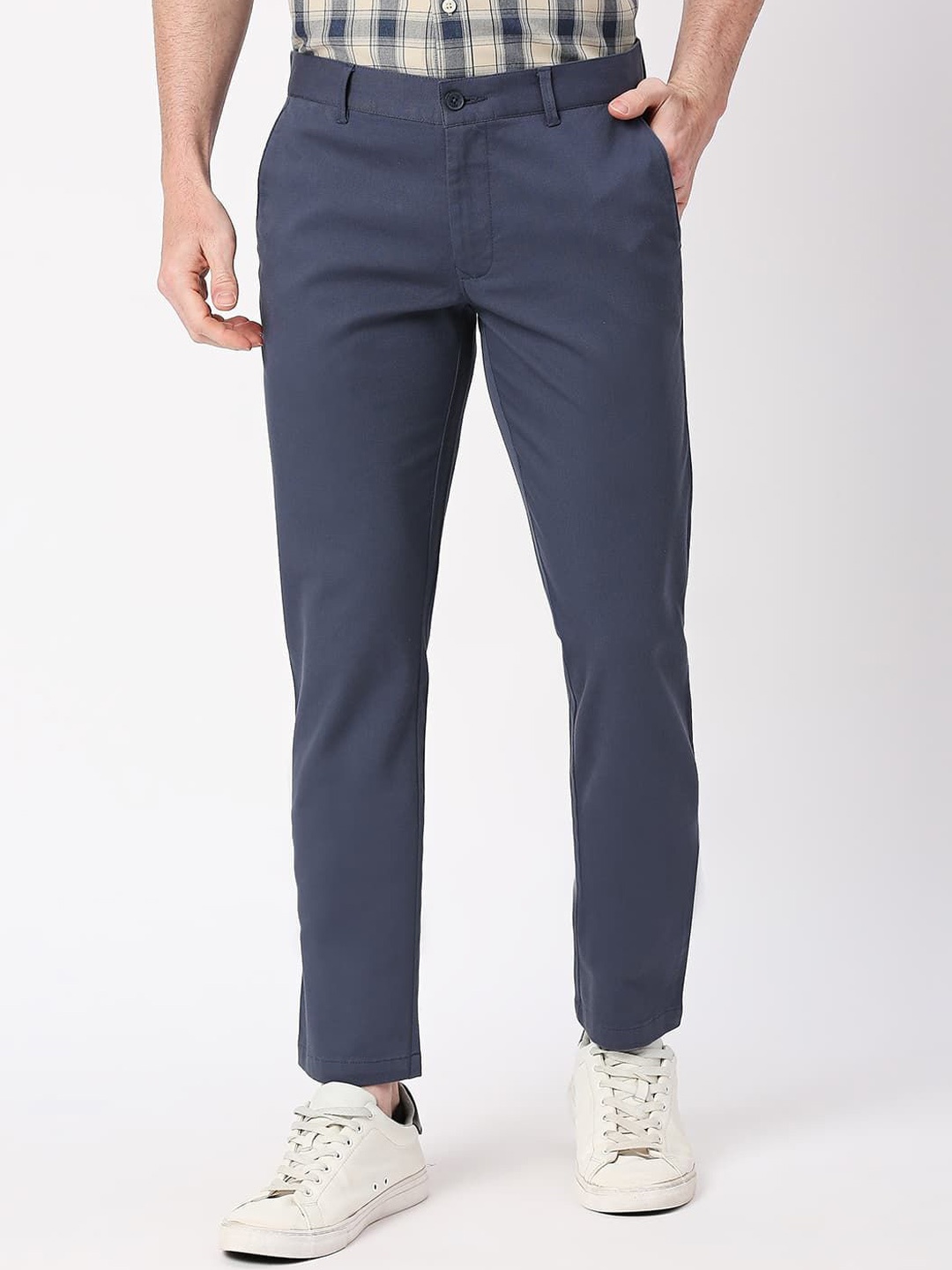 

Basics Men Cotton Mid-Rise Flat-Front Slim Fit Trousers, Blue