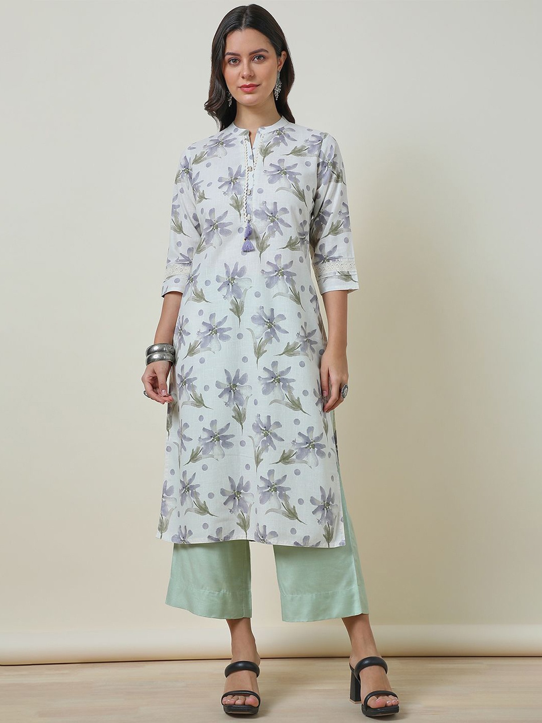 

Soch Floral Printed Mandarin Collar Straight Kurta, Off white