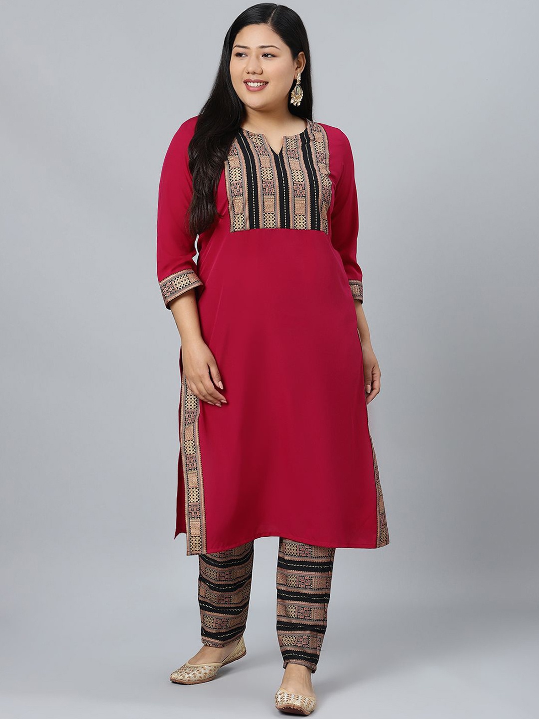 

Sztori Plus Size Geometric Printed Straight Kurta With Trousers, Pink