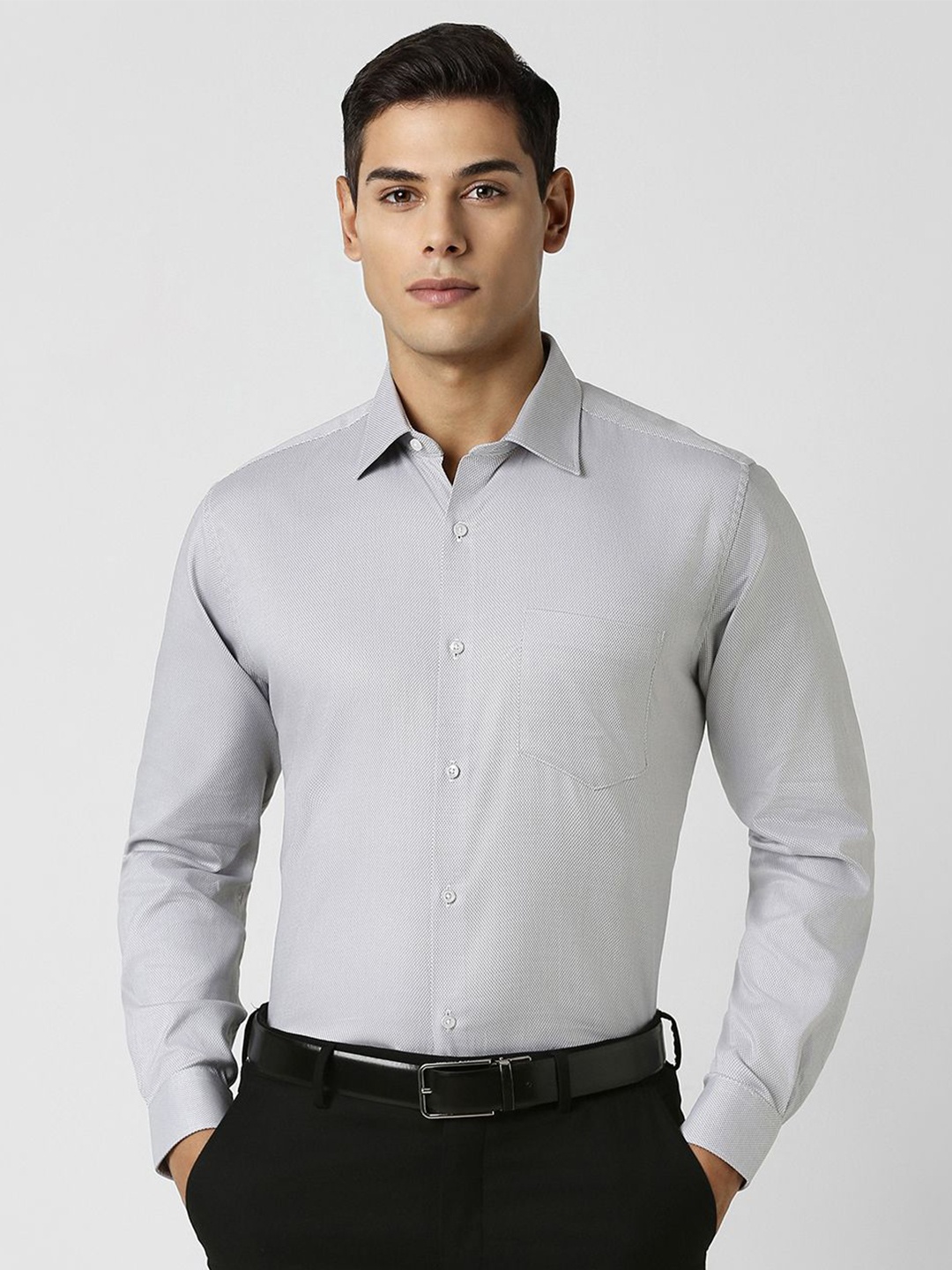 

Van Heusen Men Spread Collar Textured Printed Cotton Party Shirt, Grey