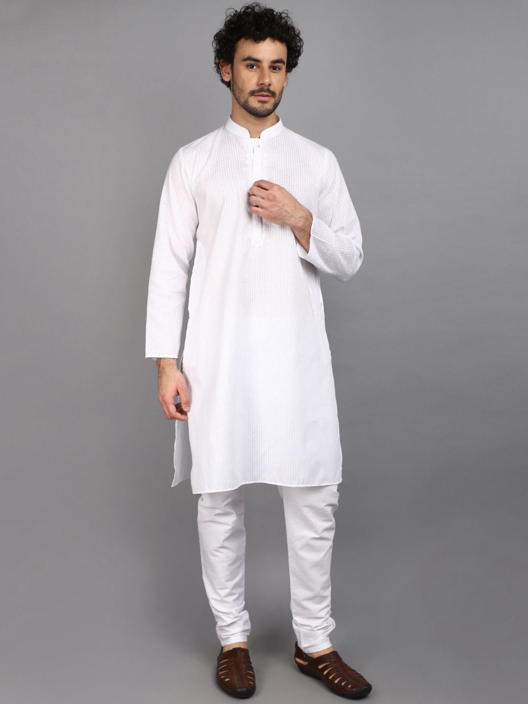 

V-Mart Striped Mandarin Collar Pure Cotton Straight Kurta with Pyjamas, White