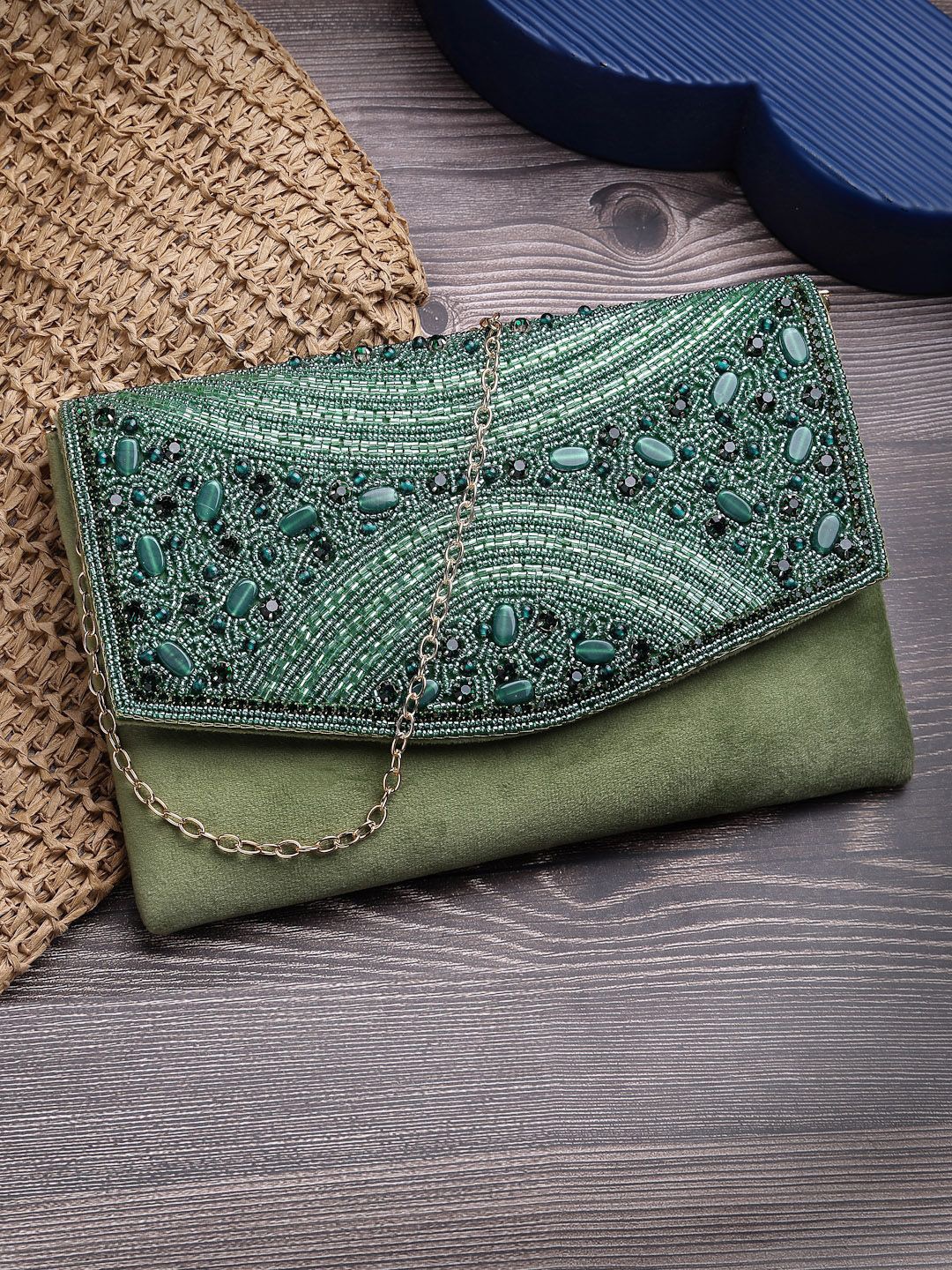 

Anekaant Embellished Envelope Clutch, Green