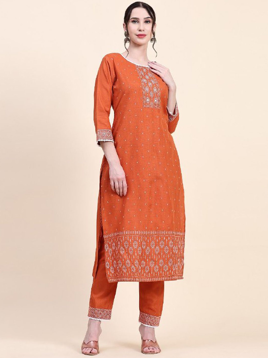 

Siya Fashion Ethnic Motifs Embroidered Mirror Work Straight Kurta With Palazzo, Orange