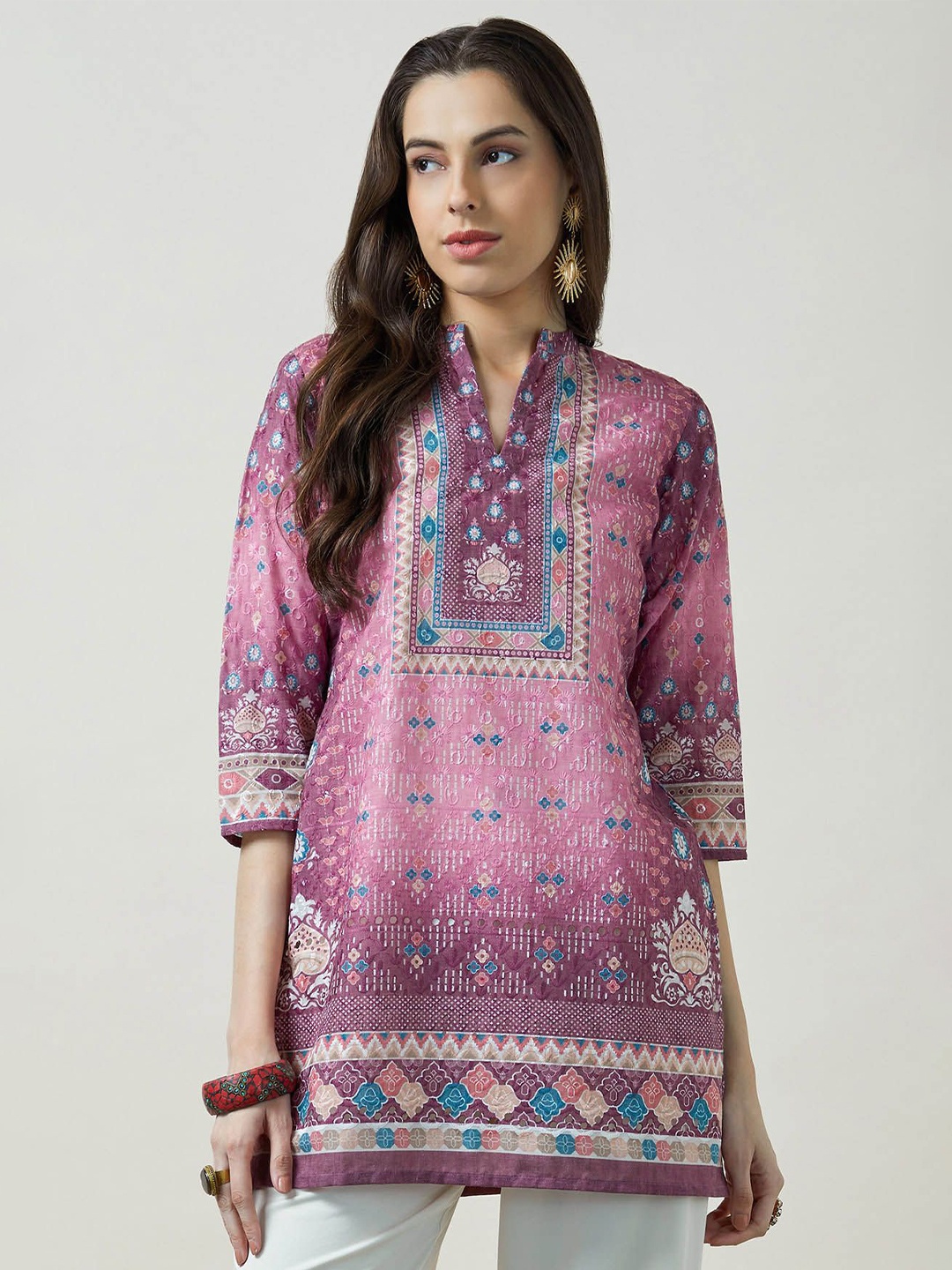 

Soch Floral Printed Mandarin Collar Cotton Tunic, Pink