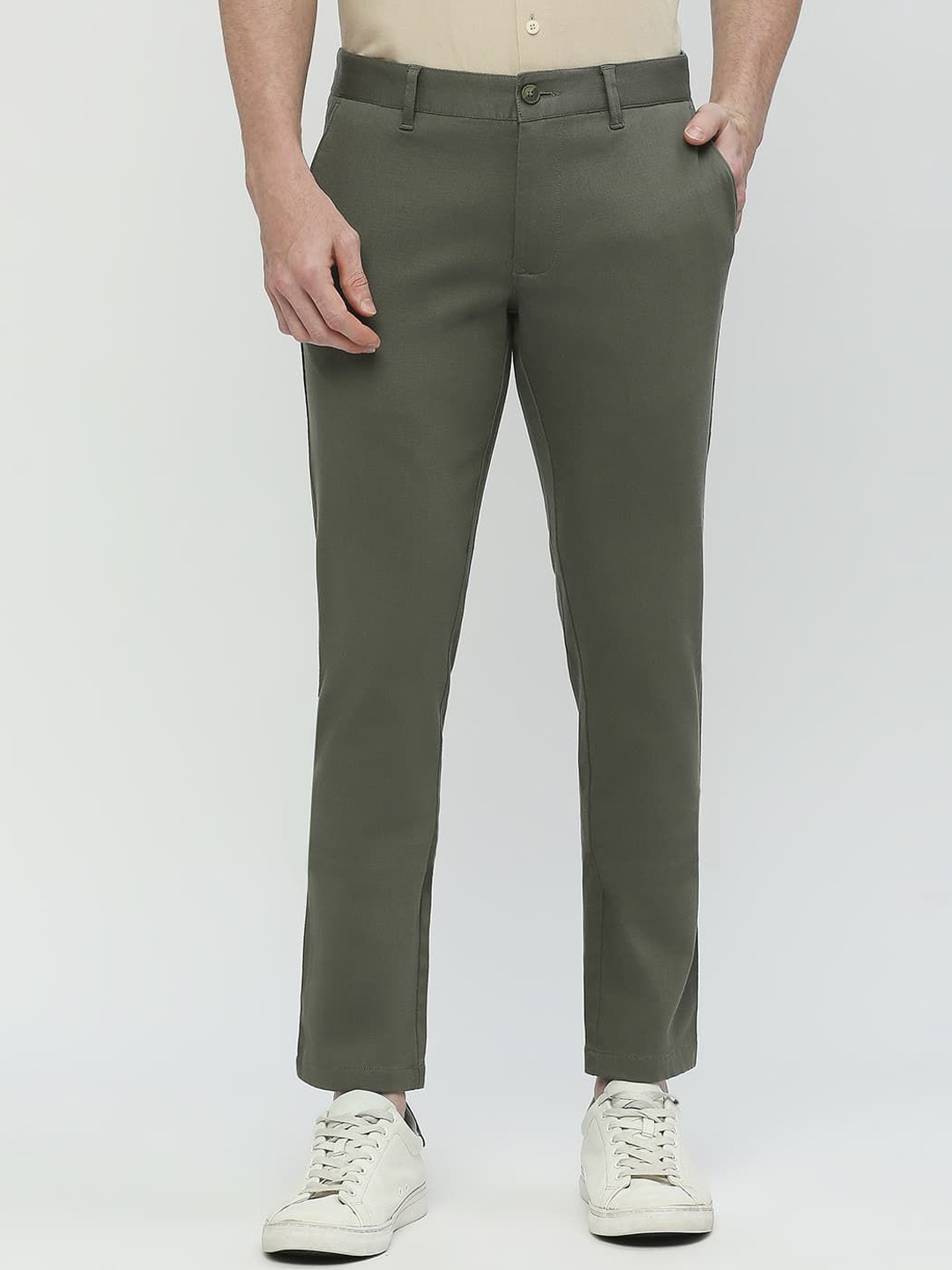 

Basics Men Tapered Fit Mid-Rise Flat-Front Trousers, Green