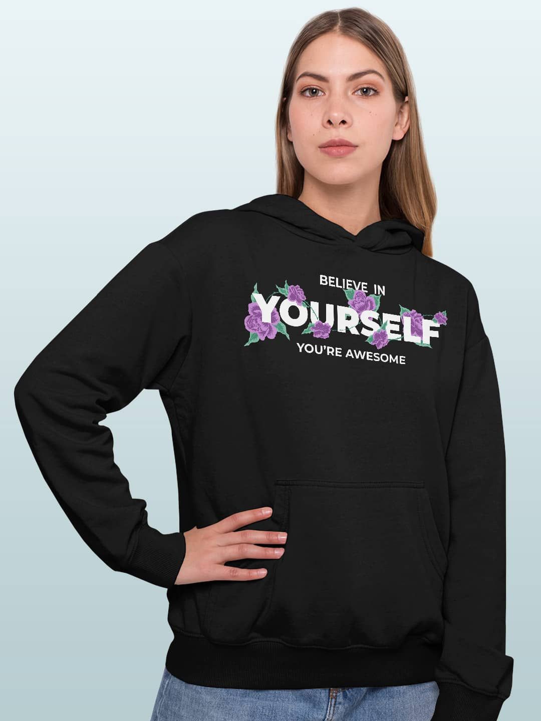 

macmerise Women Printed Hooded Sweatshirt, Black