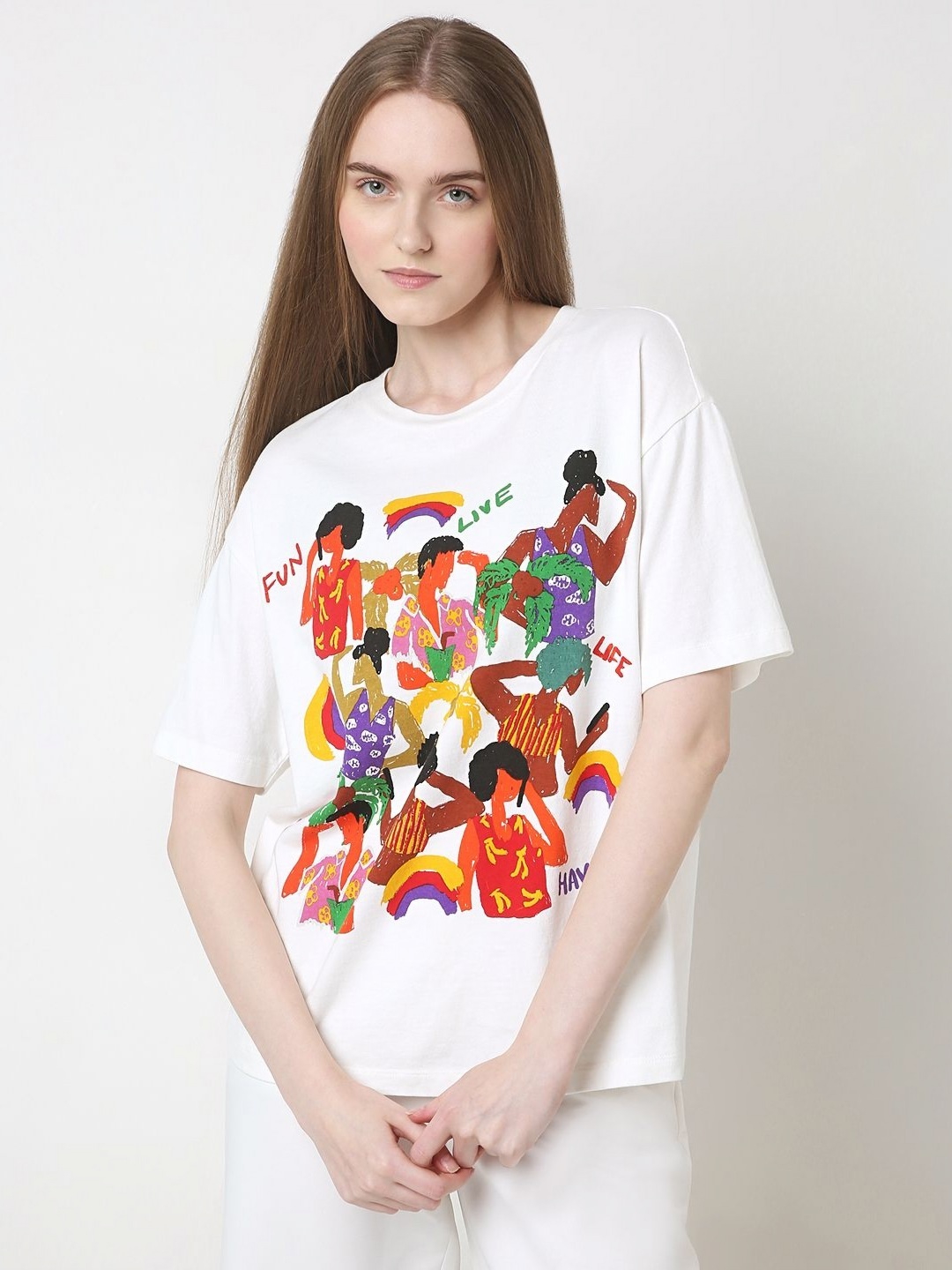 

Vero Moda Women Graphic Printed Round Neck Cotton T-shirt, White